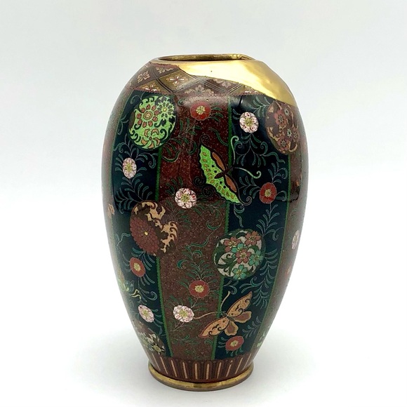 Kintsugi Antique Japanese Cloisonné Vase Meiji Era Goldstone Butterfly Floral - Picture 1 of 17